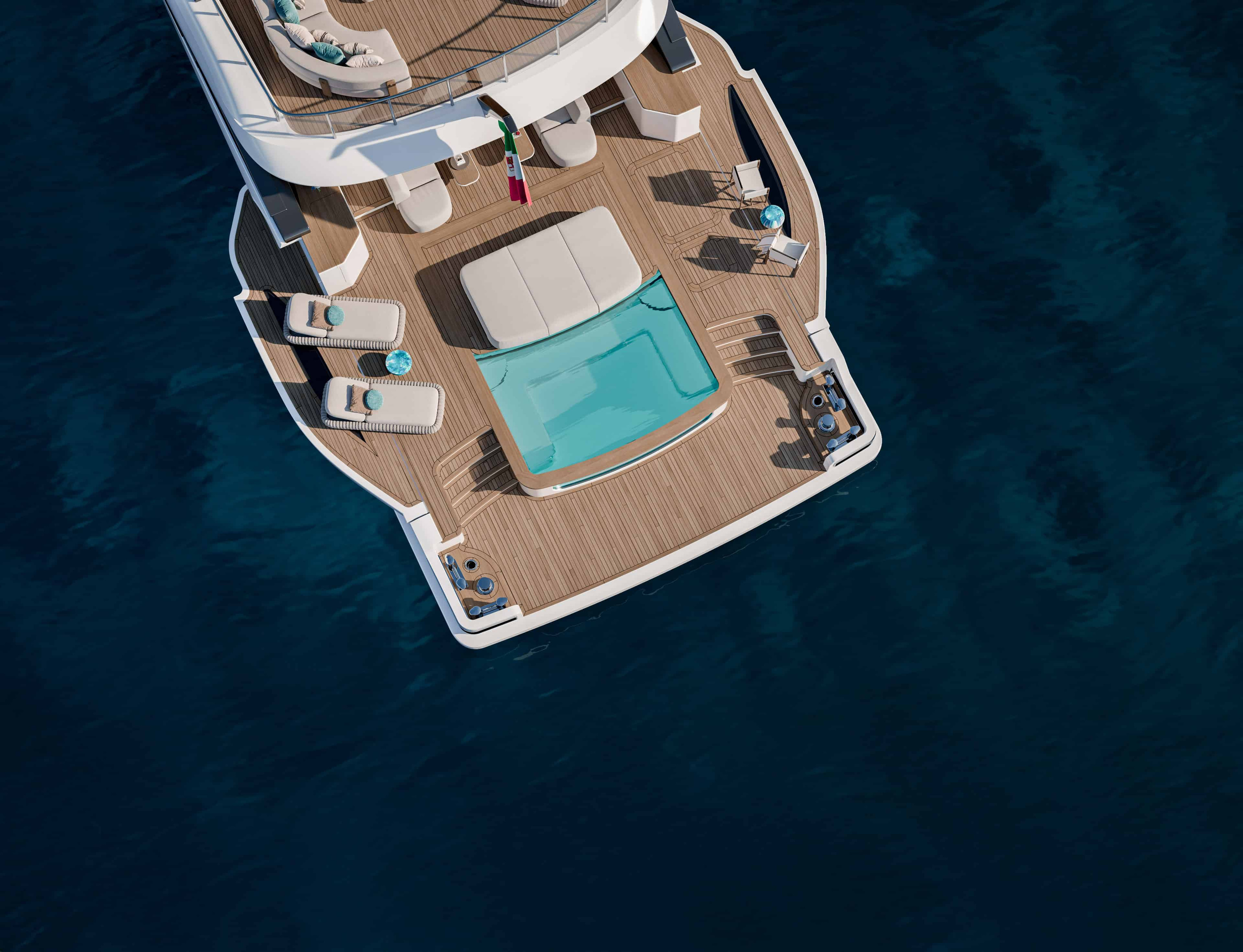 Overhead official project visualisation of the Oasis 42M pool and stern.
