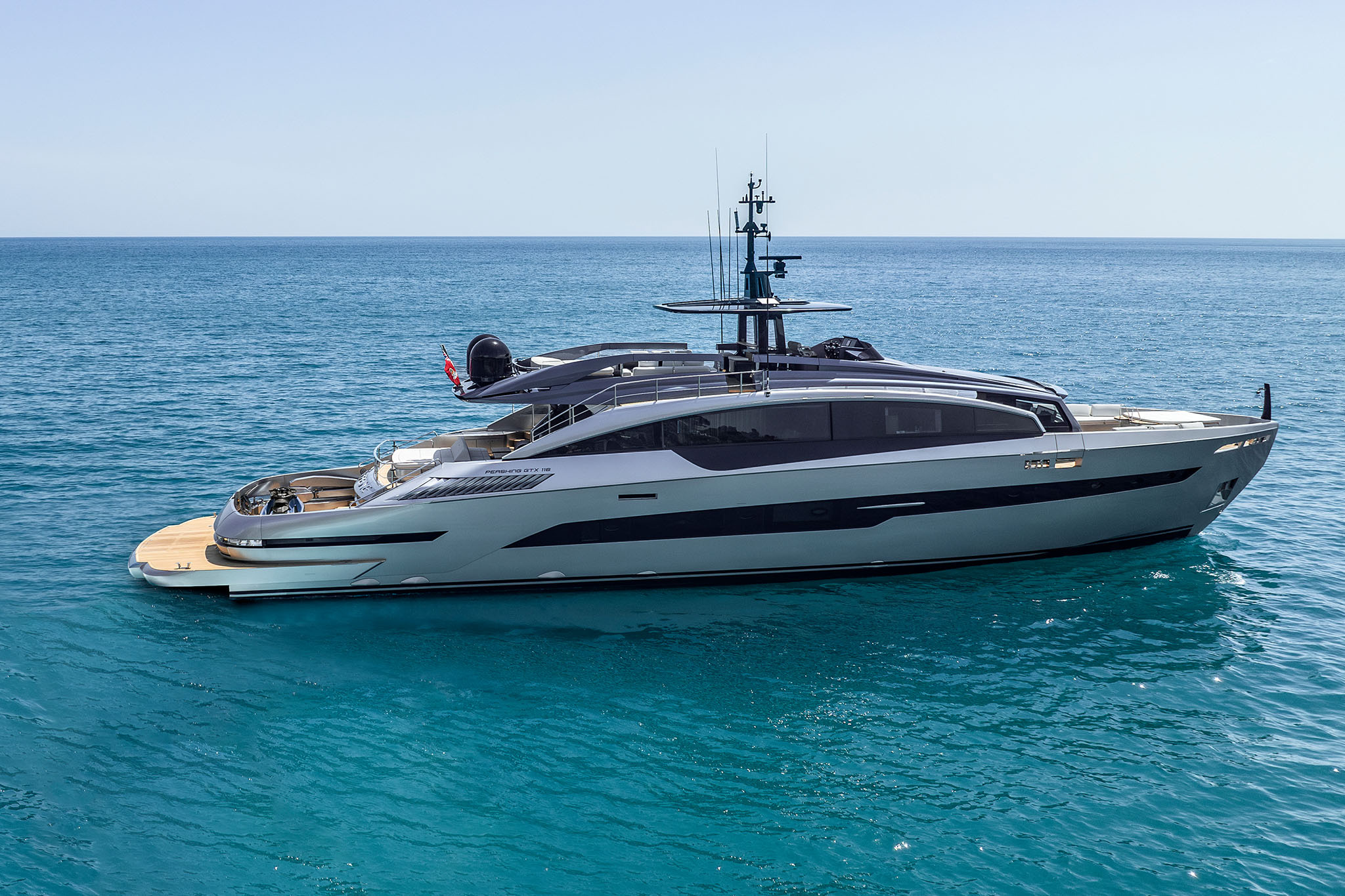 Pershing GTX116 in a complete side profile at rest.
