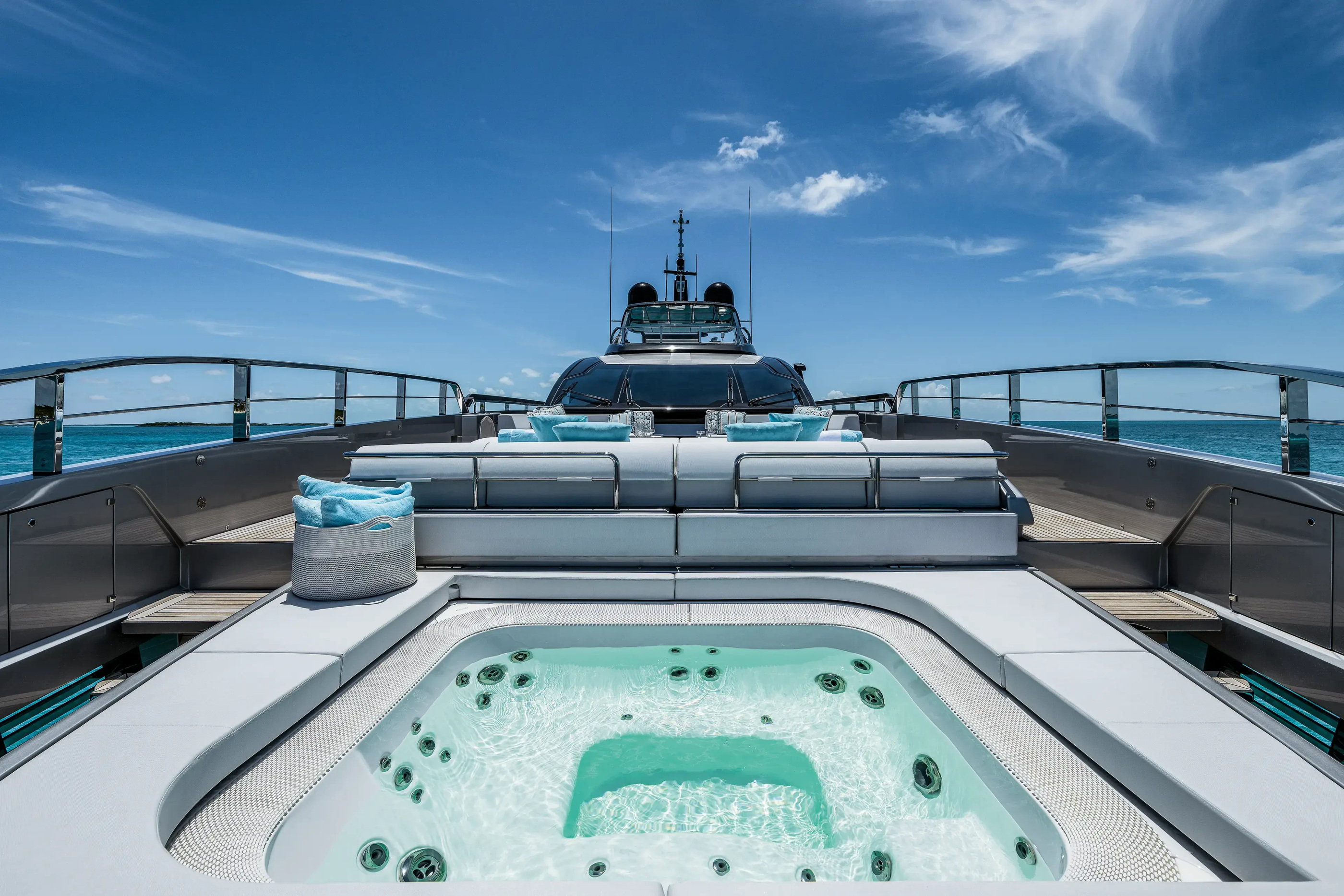 The forward pool and surrounding deck on Riva 130 Bellissima.