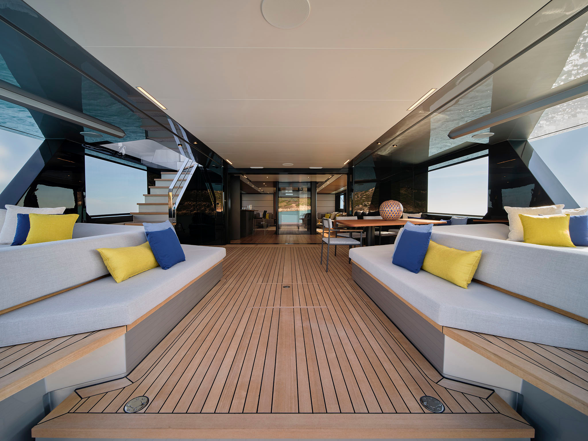 The broad wallywhy200 saloon opening towards its aft setting.