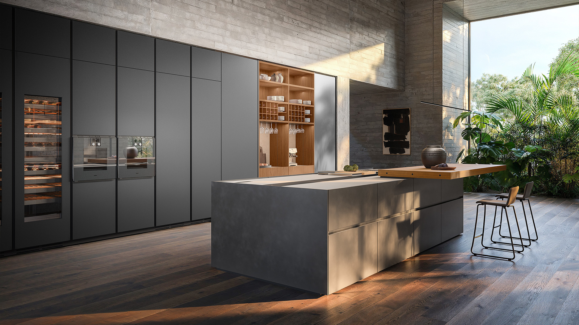 Official Boffi image of Combine Evolution with a timber sitting area beside the working blocks.