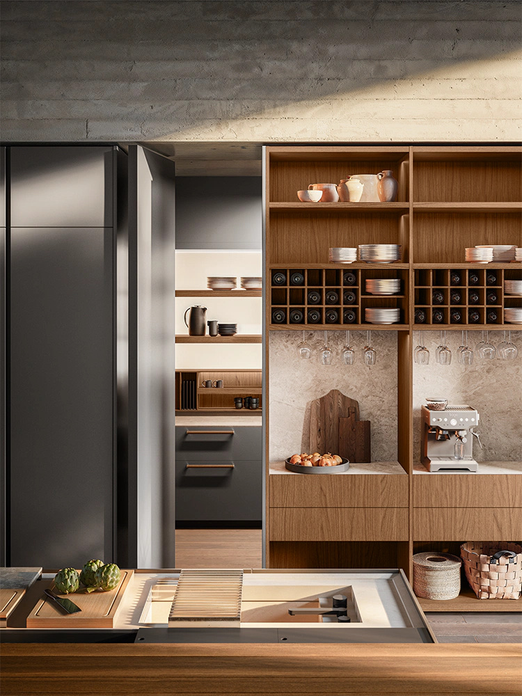 Tall storage and the worktop viewed across the kitchen.