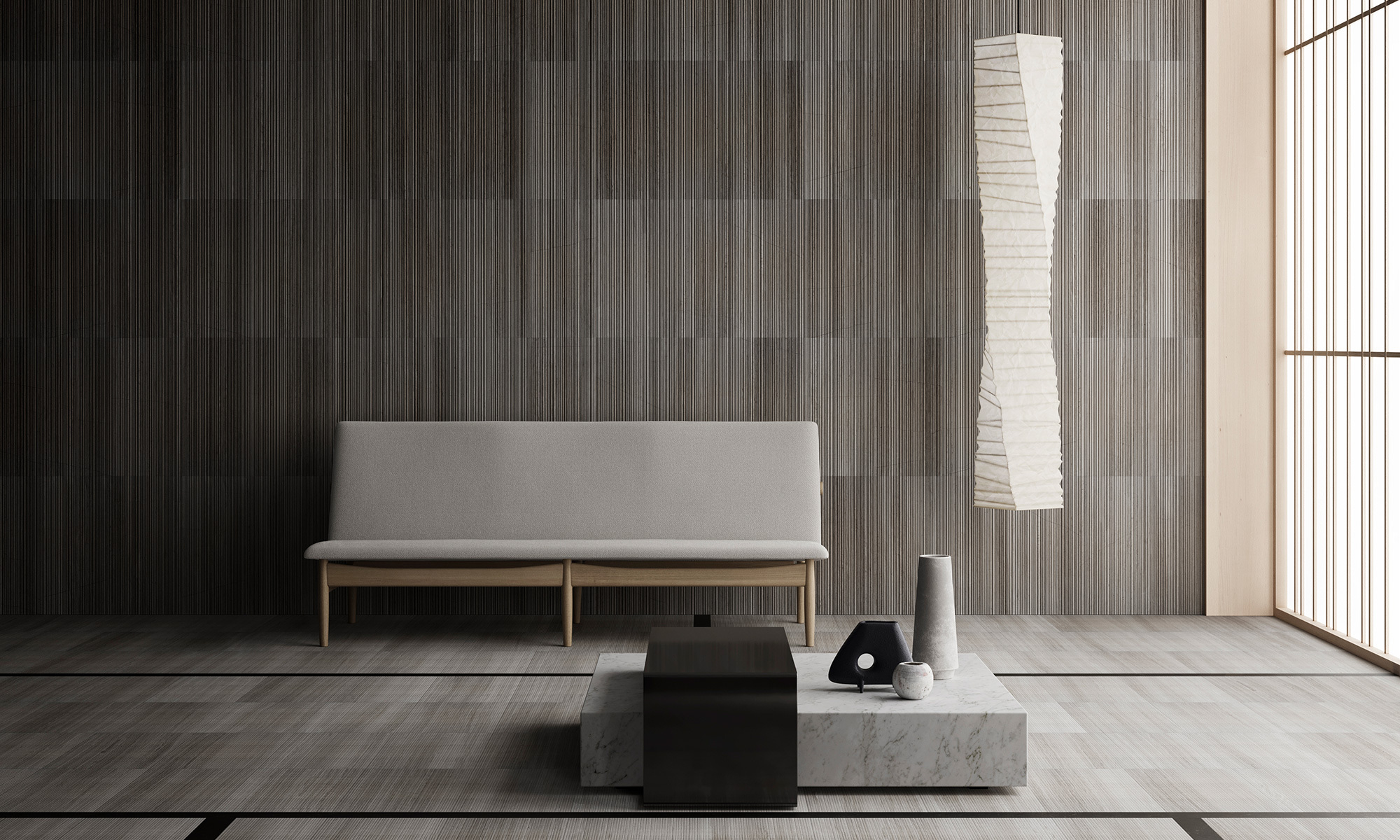 Official project image of the living room in Salvatori’s Tokyo apartment.