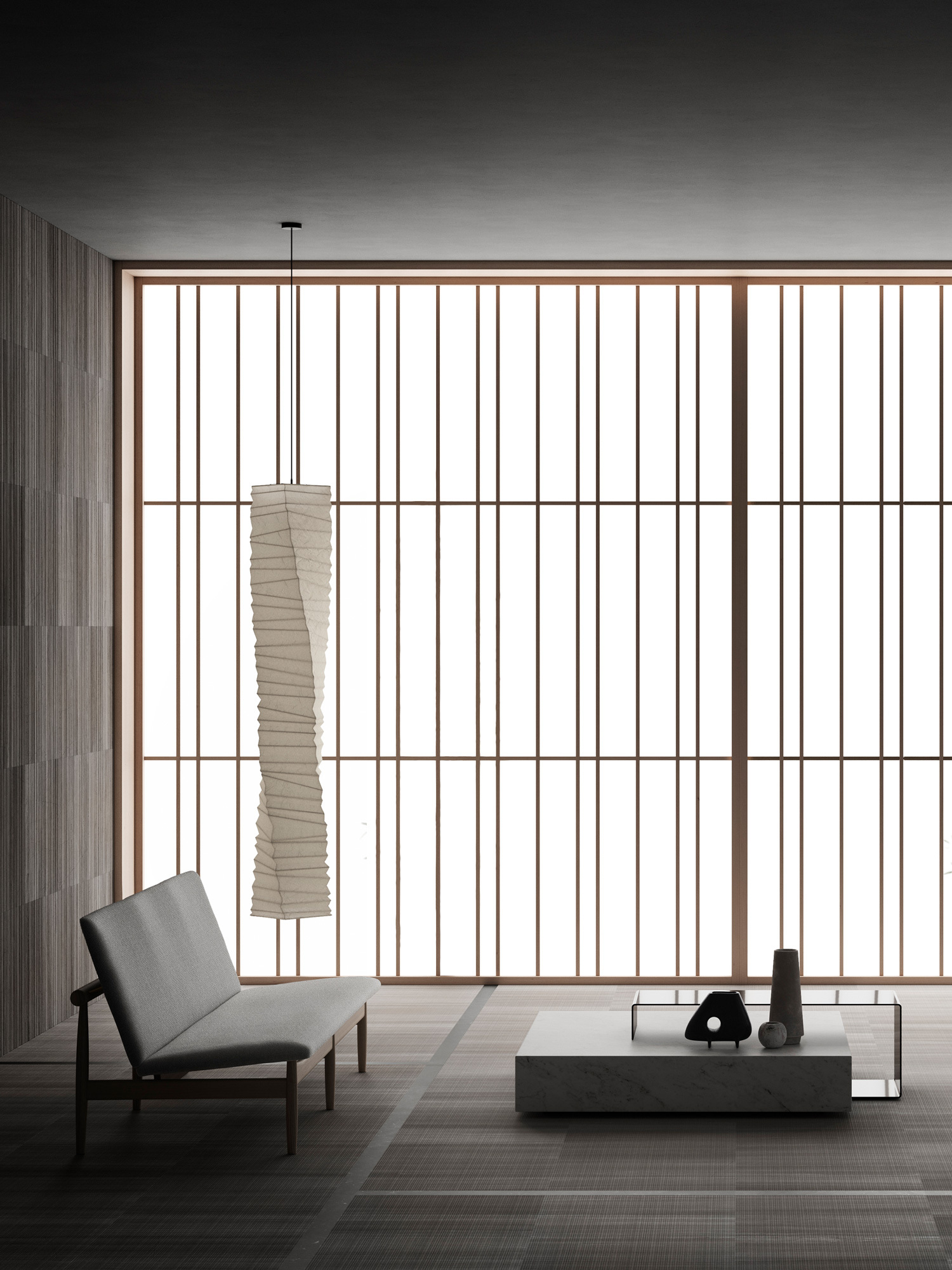 Daylight and a low seating arrangement within the Tokyo apartment.