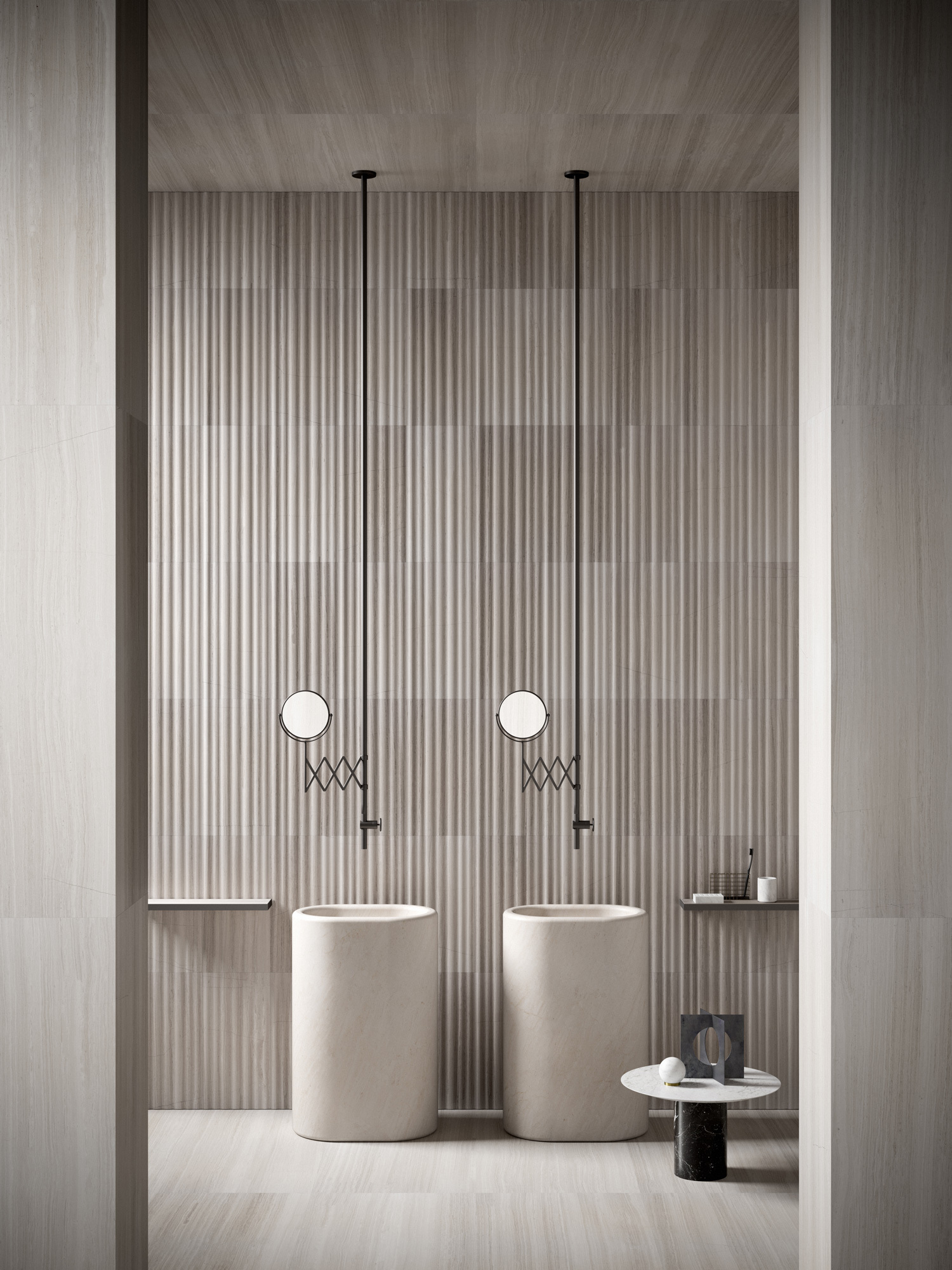 Living Tokyo: The Room Written in Stone and Shadow: The bathroom in the Tokyo project, with identified basins and textured stone surfaces. Official illustration; not a private object or commissioned examination.