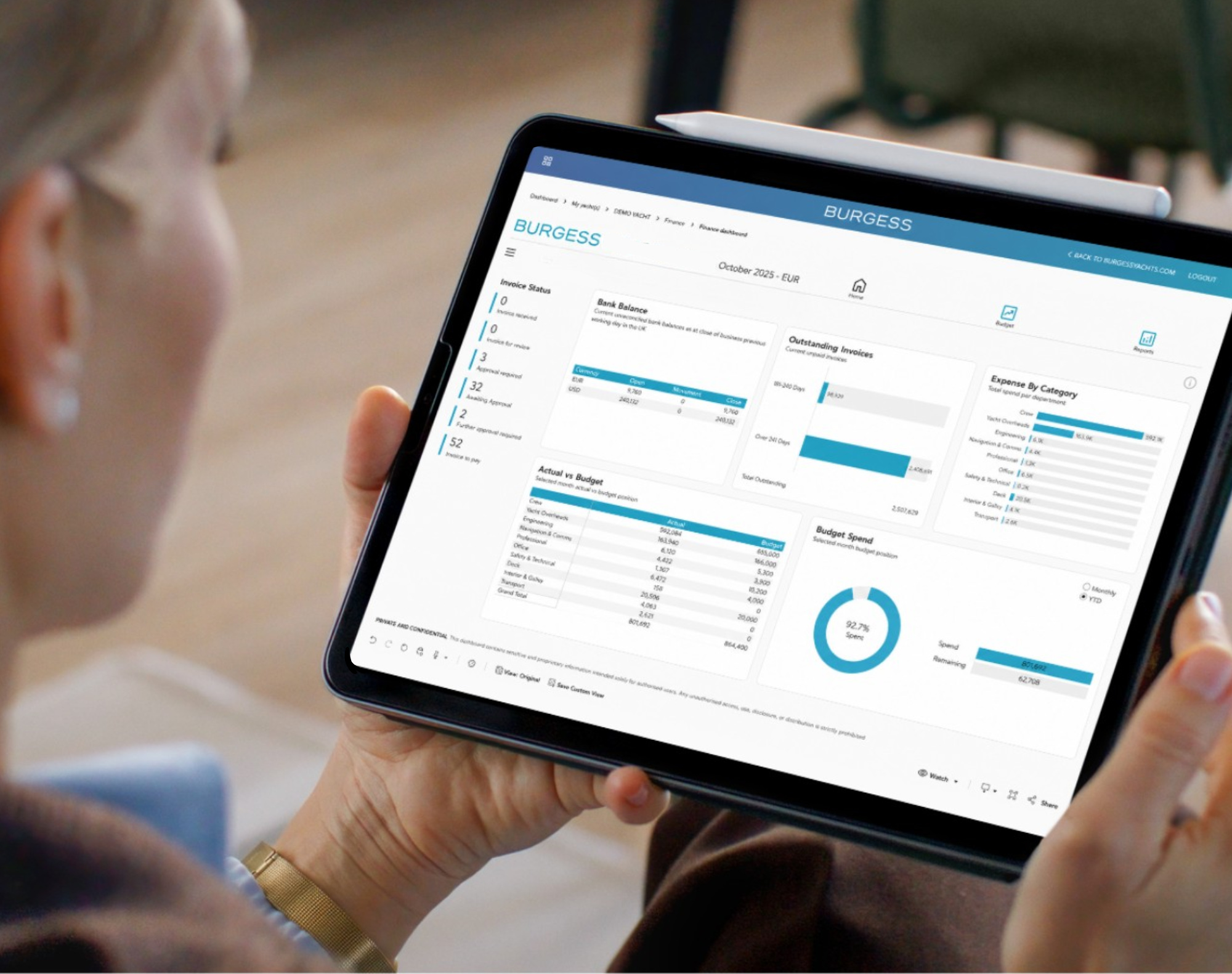 An accounting interface shown on a tablet in Burgess’s official service imagery; supplier illustration.