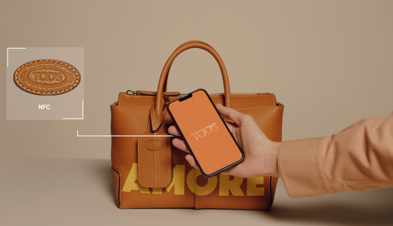 Tod’s bag and NFC passport illustration published by Aura; this bag visual is distinct from the My Gommino shoe programme described in the case text.