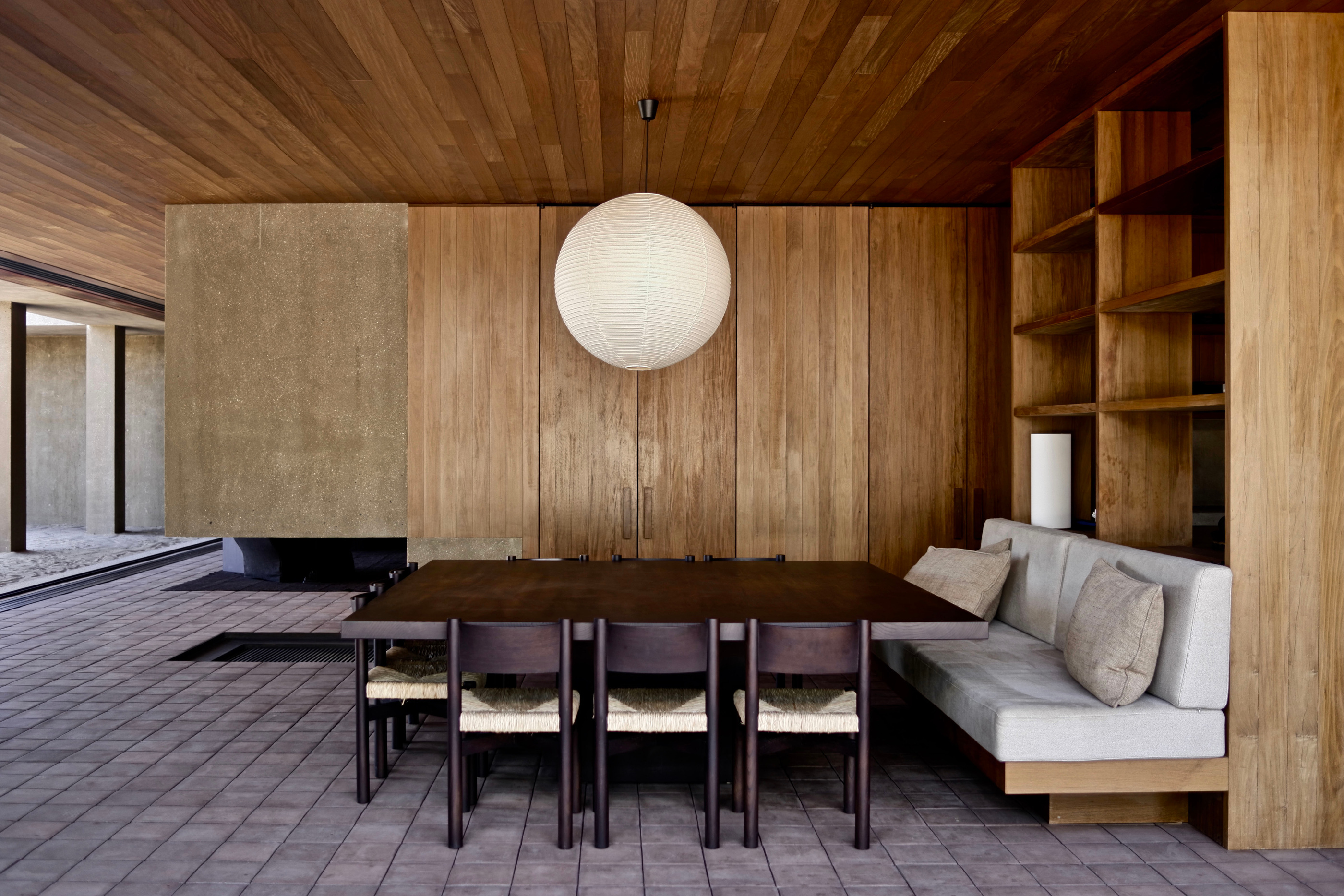 A timber-lined dining space at Casa M.