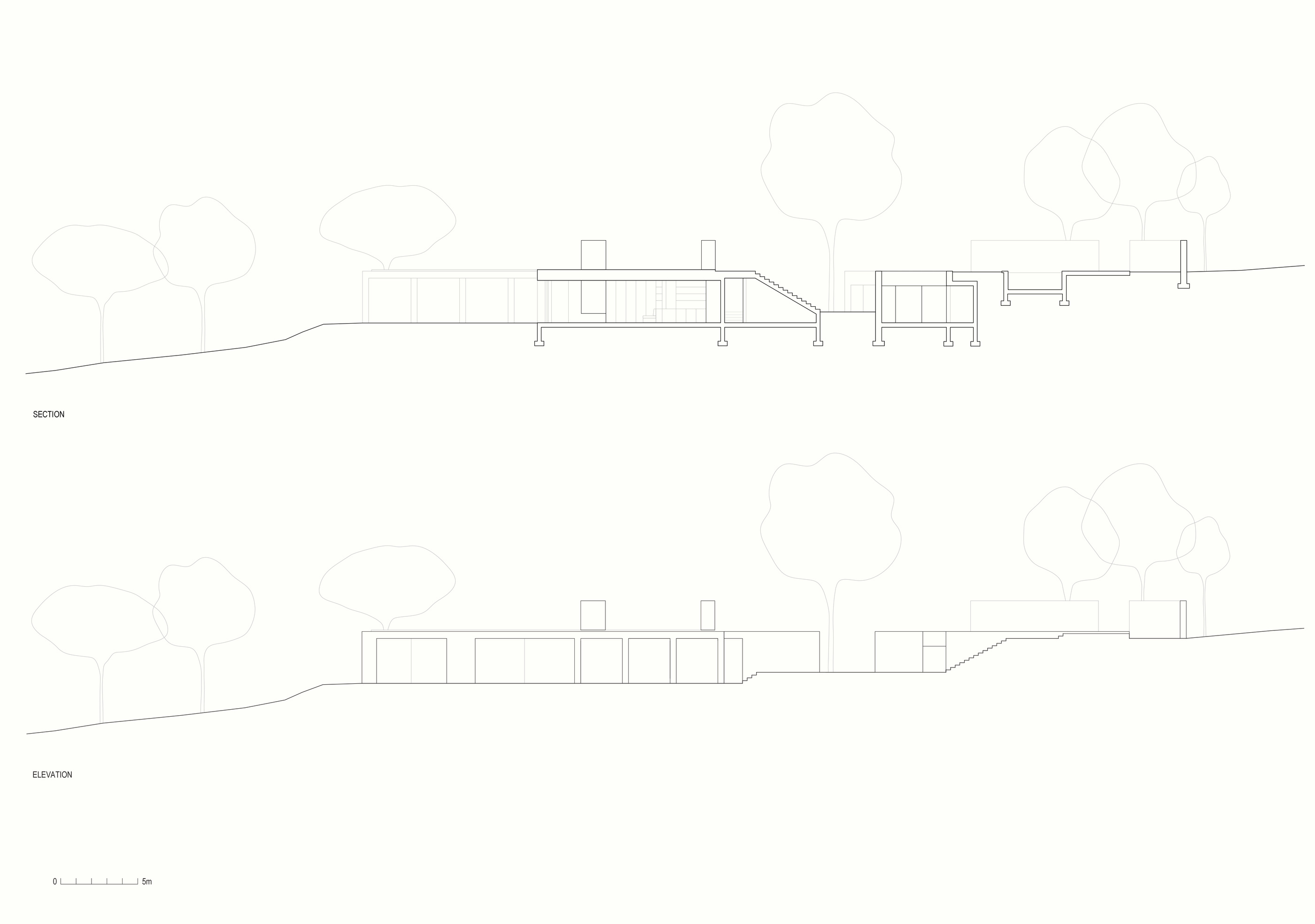Casa M section and elevation published by the architects; a drawing, not a photograph.