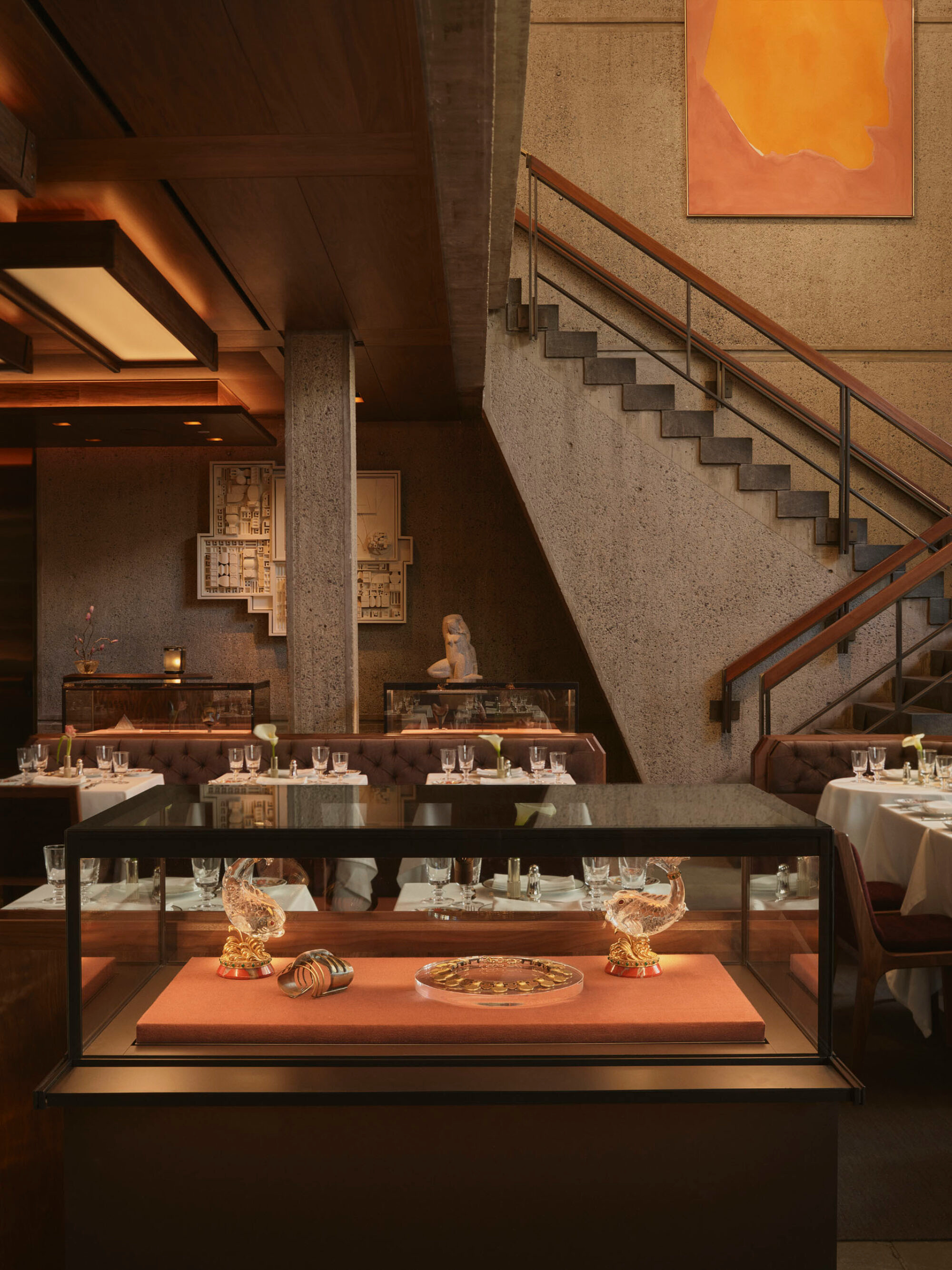 A tabletop display and the surrounding dining space at Marcel.