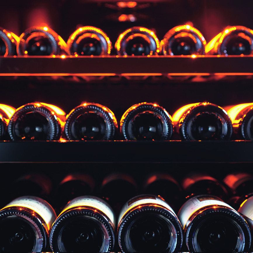 Bottle storage and sliding shelf fronts shown by EuroCave.