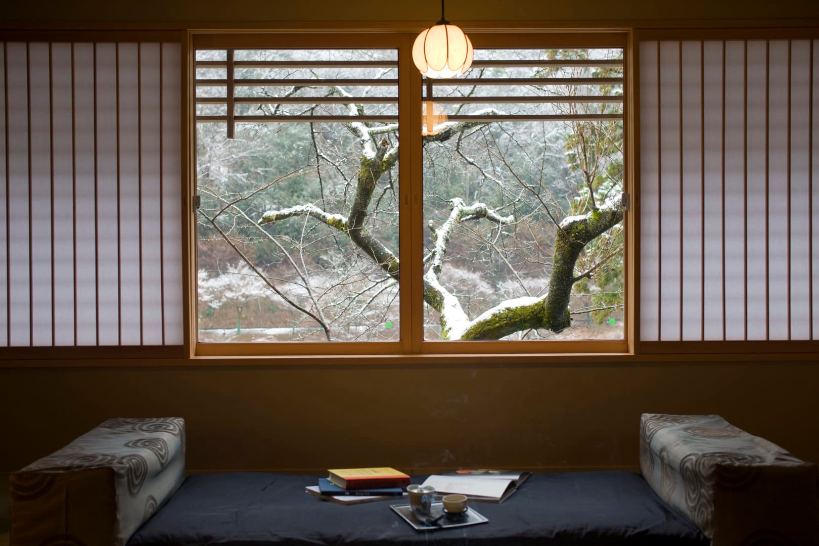 A framed view through screens in the property’s published room imagery.