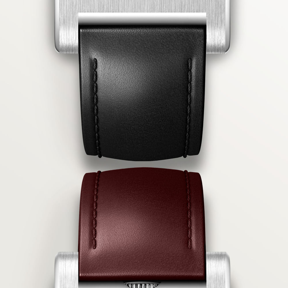 Black and burgundy straps illustrated with Cartier Brazil’s WGTA0392 presentation.