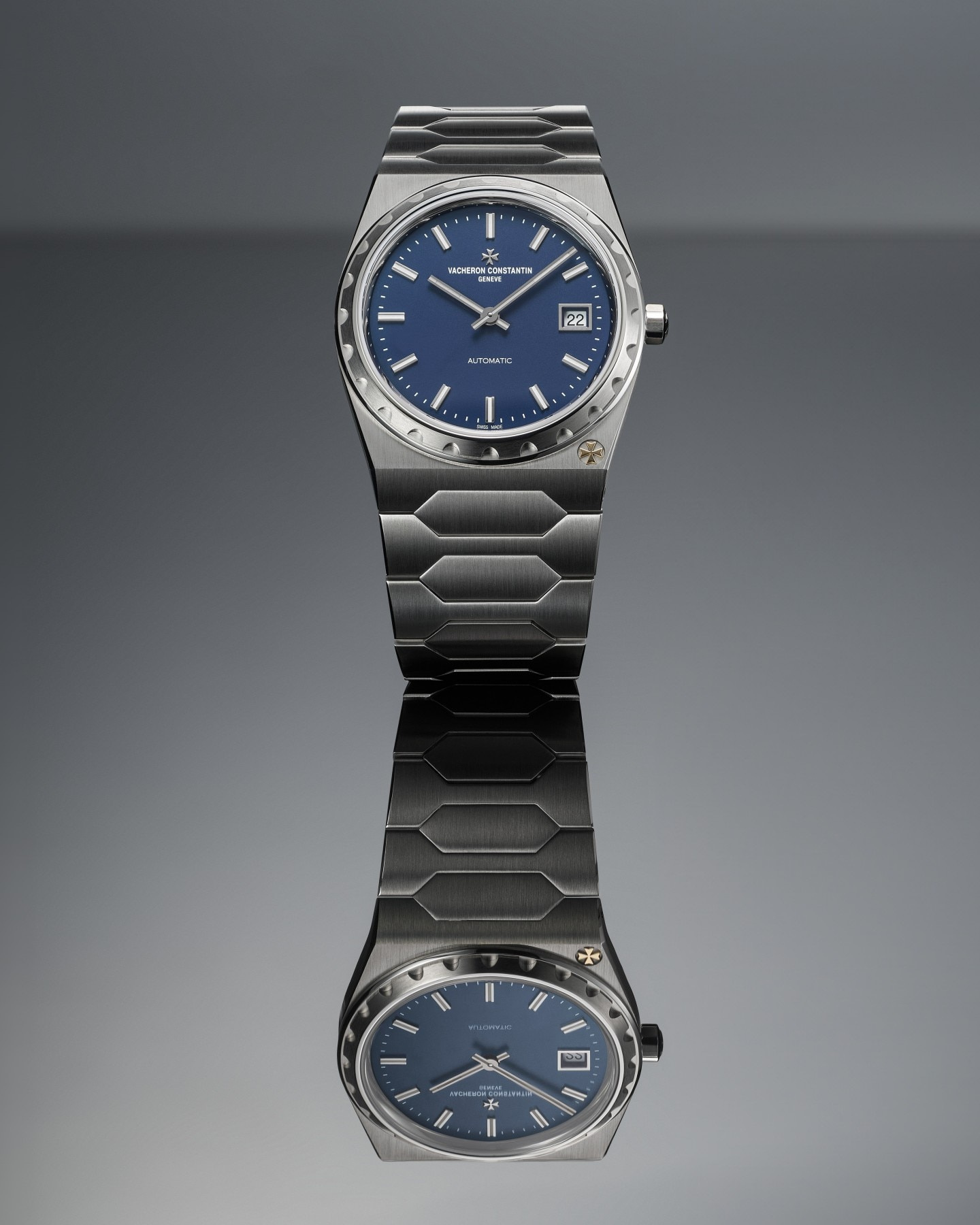 A reflected studio composition of the steel 222 published by Vacheron Constantin.