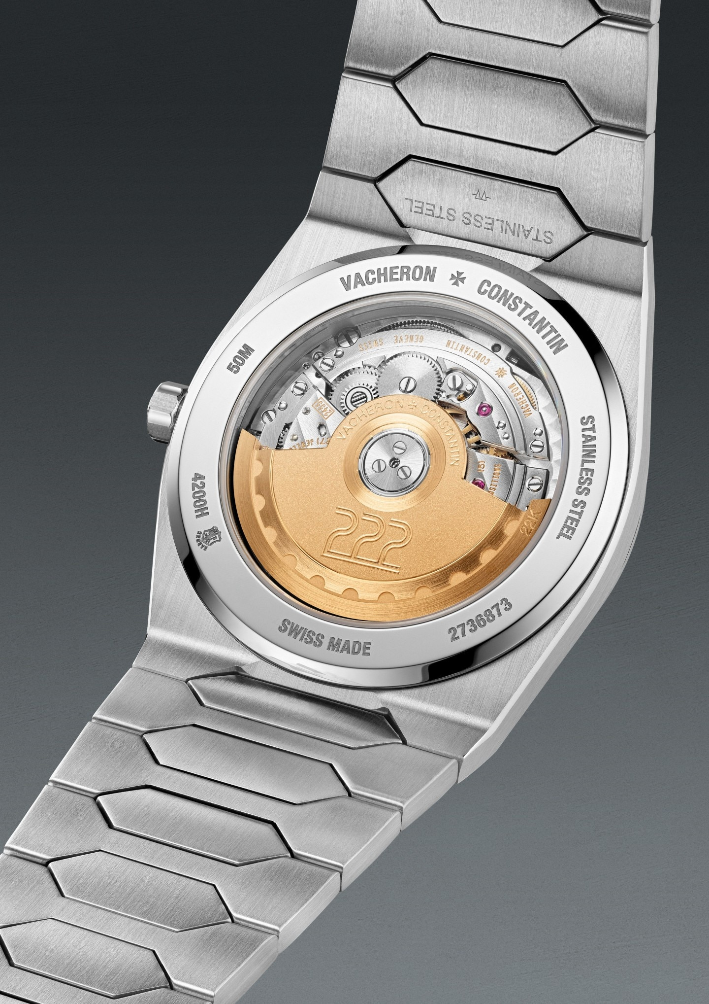 The steel 222 caseback and self-winding movement in Vacheron Constantin’s official product view.