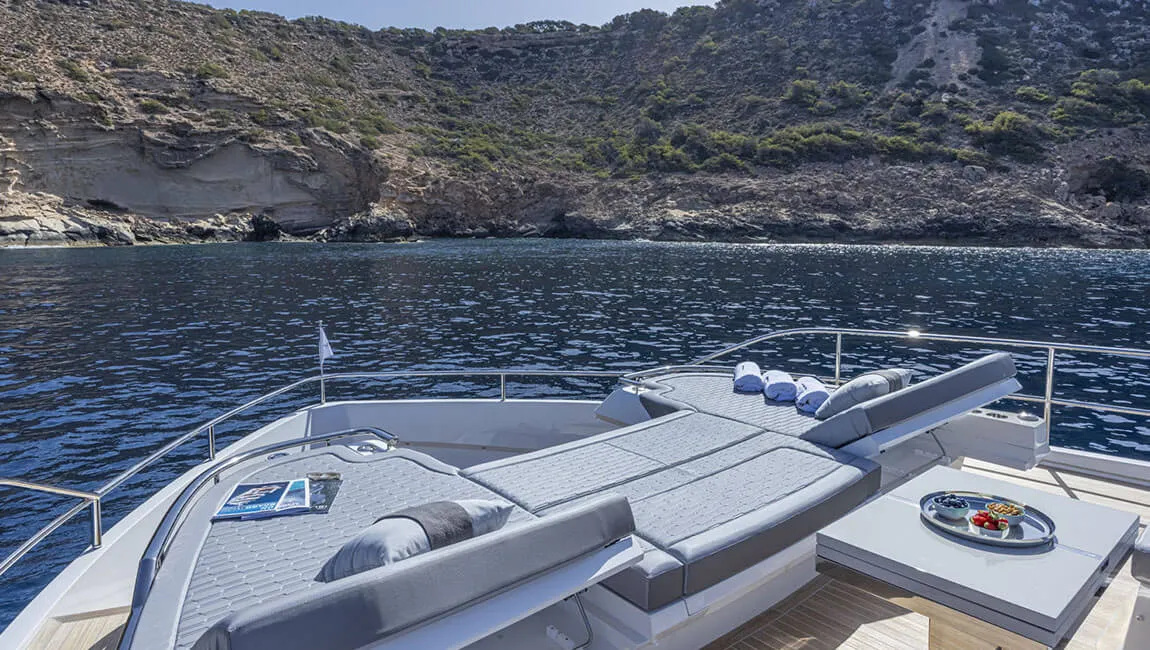 The forward seating and sunpads in Pearl’s official exterior gallery.