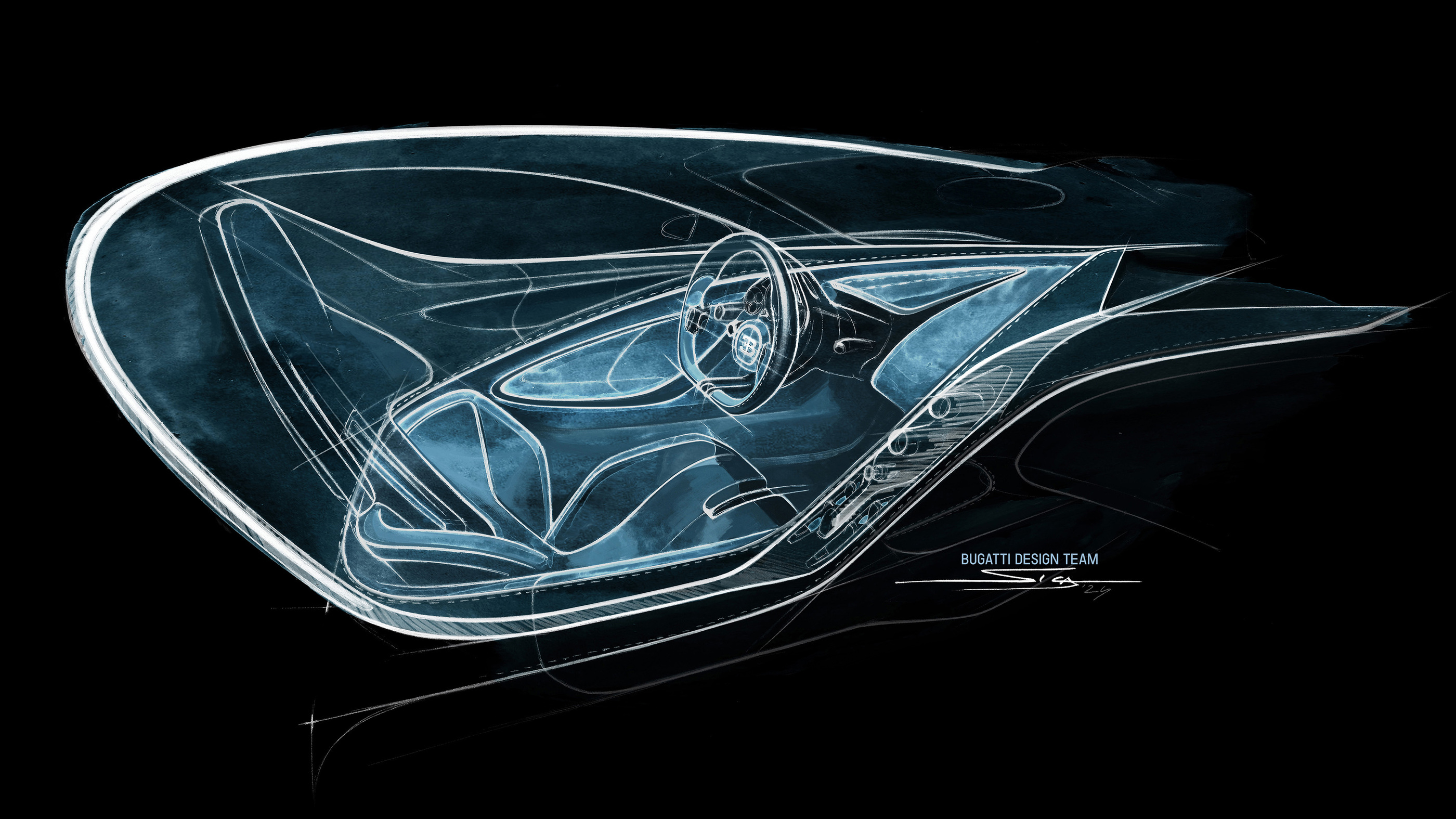 An official interior design sketch published by Bugatti; a drawing, not a photograph of a delivered car.