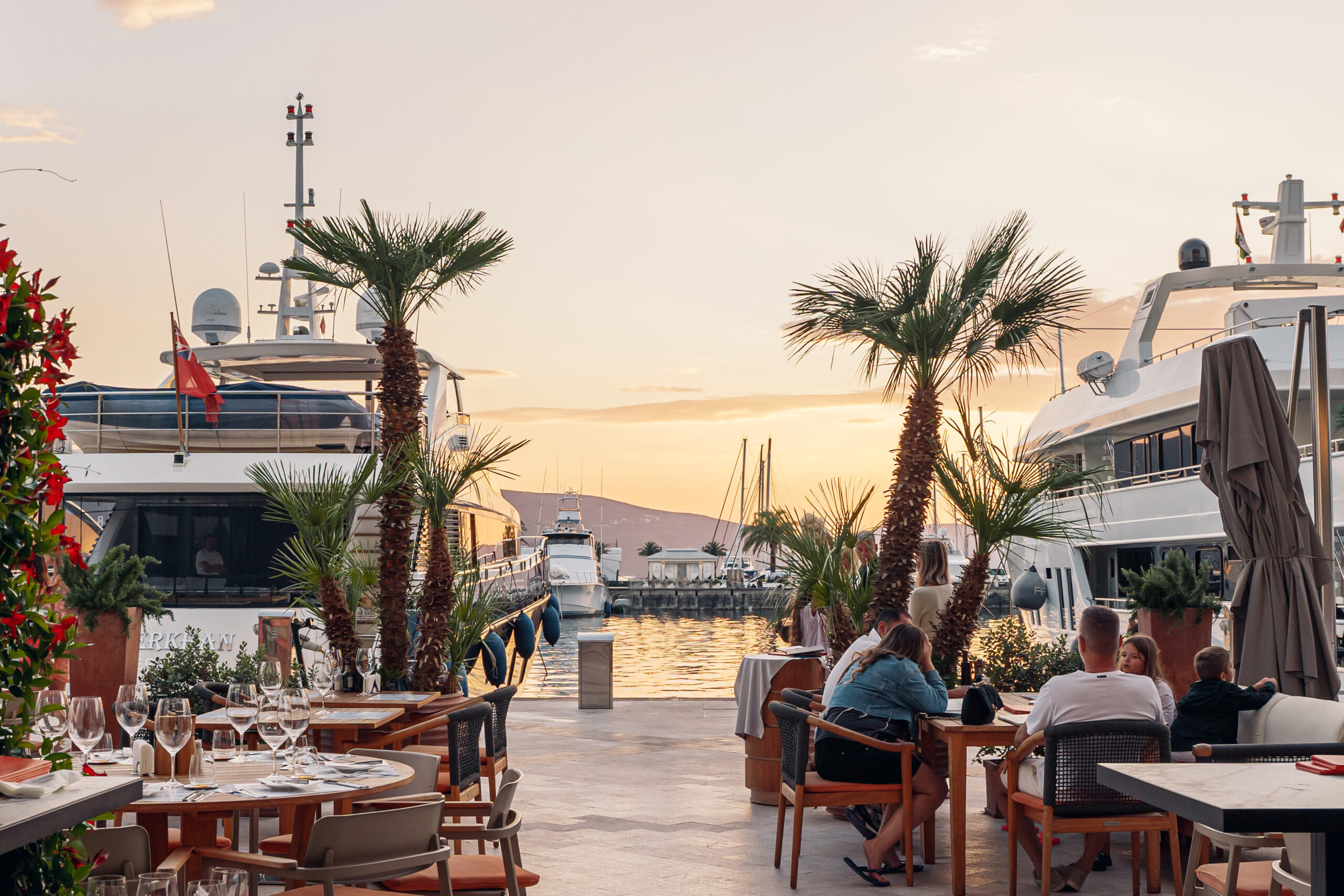 A pedestrian street within Porto Montenegro’s waterfront village.